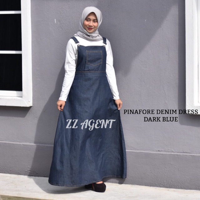 denim long pinafore dress