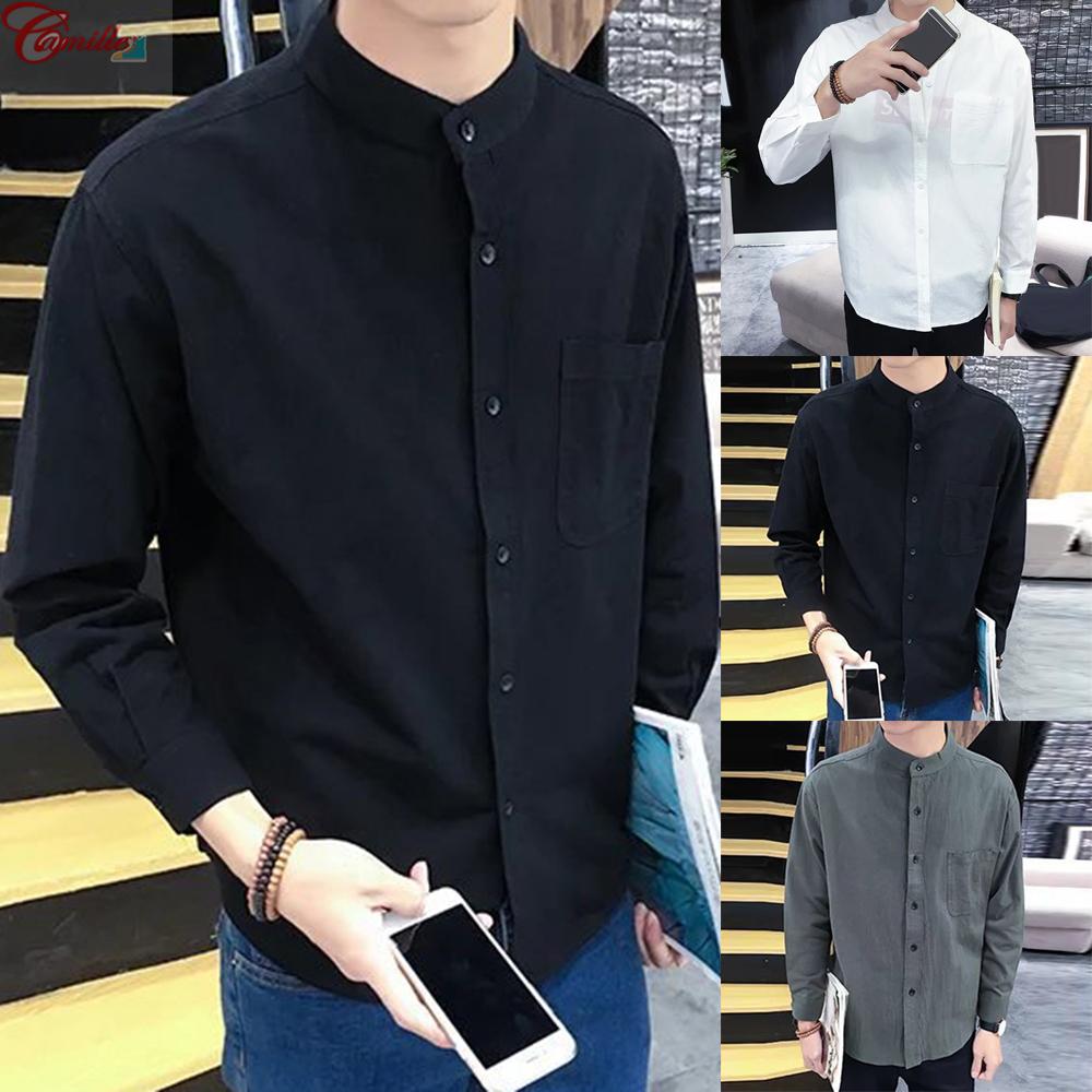 Men Cotton Linen Casual Slim Long Sleeve Business Stand-up Collar Shirt