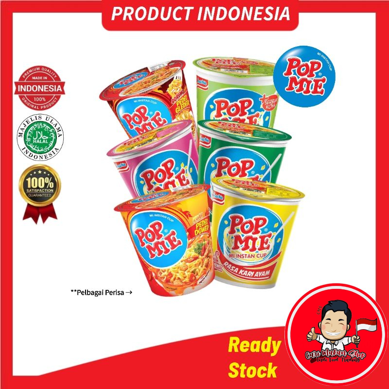 Pop Mie Instan Cup Indofood Product Indonesia Pedas Gledeek Dower Kari Ayam Bawang Goreng Soto Baso Noodle Indomie Mi