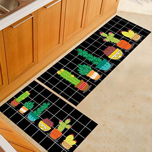 2 Pcs Non Slip Black Kitchen Carpet Cactus Floor Runner Rug