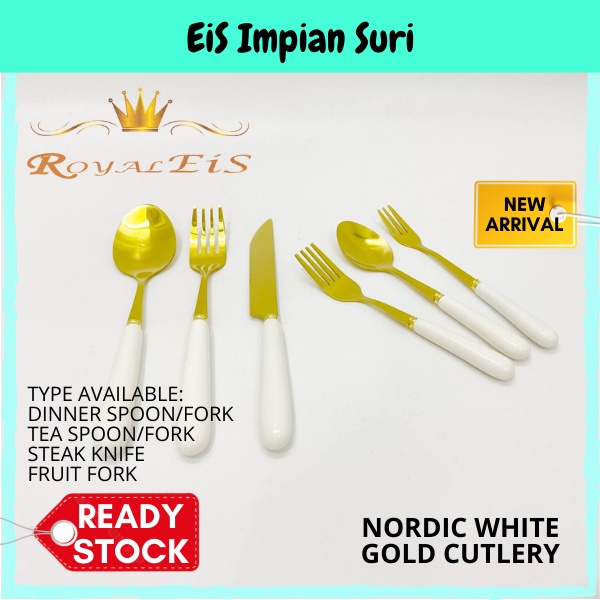 (Ready Stock!!) Royal EIS Gold Nordic Ceramic Cutlery Dinner Spoon Fork Tea Spoon Steak Knife Sudu Garpu Pisau Tableware