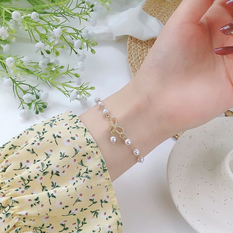 4PCS/Set New Charm Beaded Crystal Bow-knot Women Wristband Bracelet Bangle Gift 