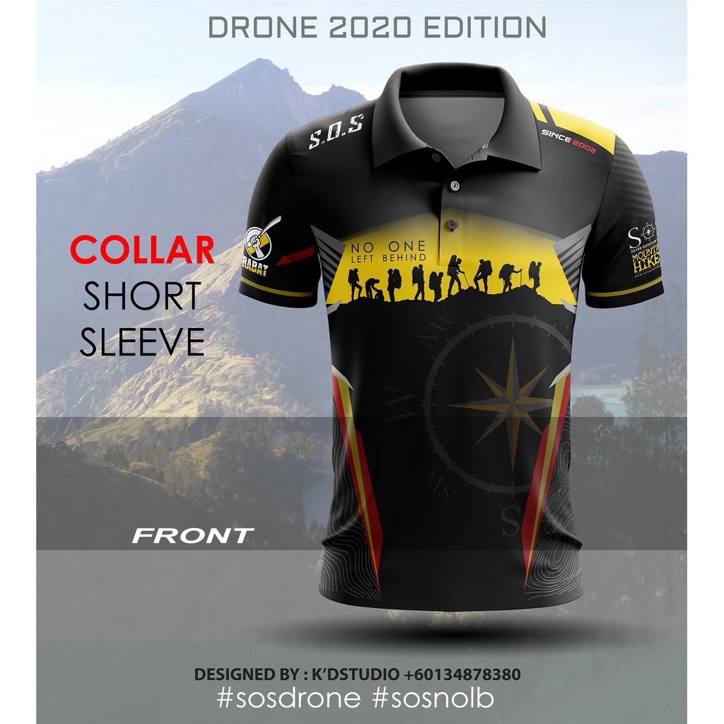 Quickdry Hiking Tshirt SOS DRONE (COLAR) hiker's uniform camping outdoor running ultra event sublimation design