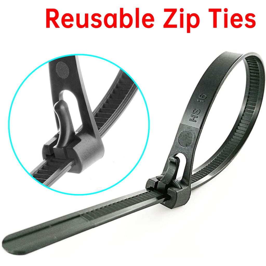 Reusable Cable Zip Ties 20cm UV Black Releasable Nylon Tie Wraps Adjustable Plastic Wire Zap Straps for Outdoor Purpose