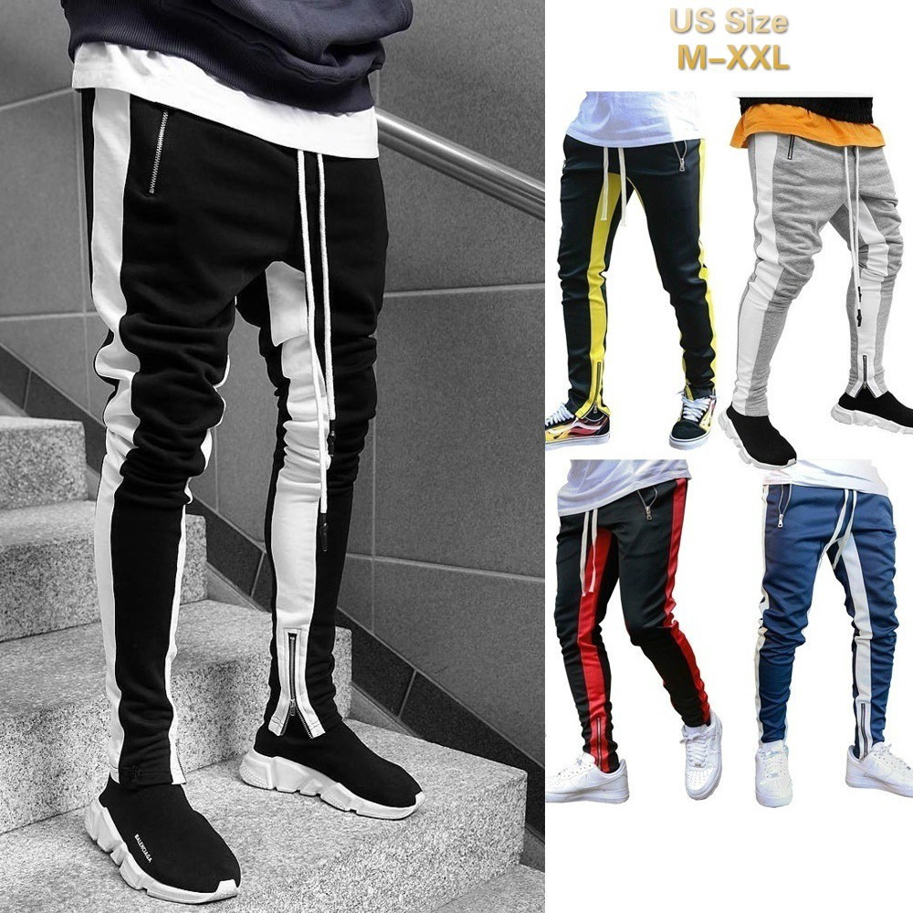 drawstring striped zipper decorated slim pants