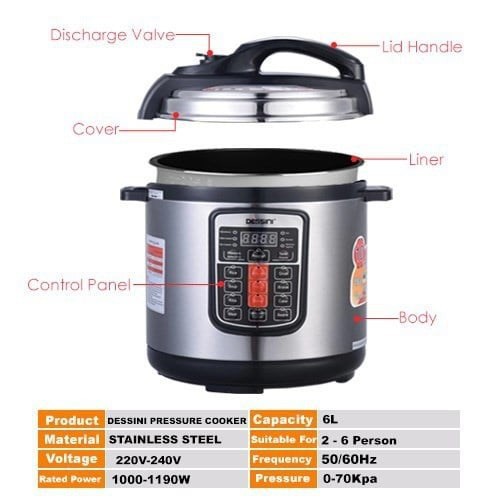 DESSINI PRESSURE COOKER 6 & 8 LITRE Chrome + Black Colour Periuk Nasi Dessini Warna Chrome+Black