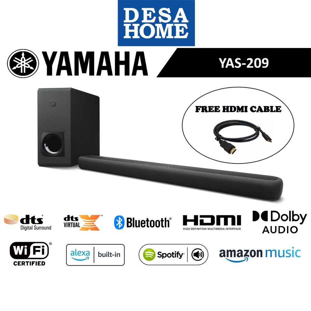 Yamaha YAS-209 Built-in Alexa, DTS Virtual:X &amp; Wireless Subwoofer &amp; Bluetooth [Free HDMI Cable]