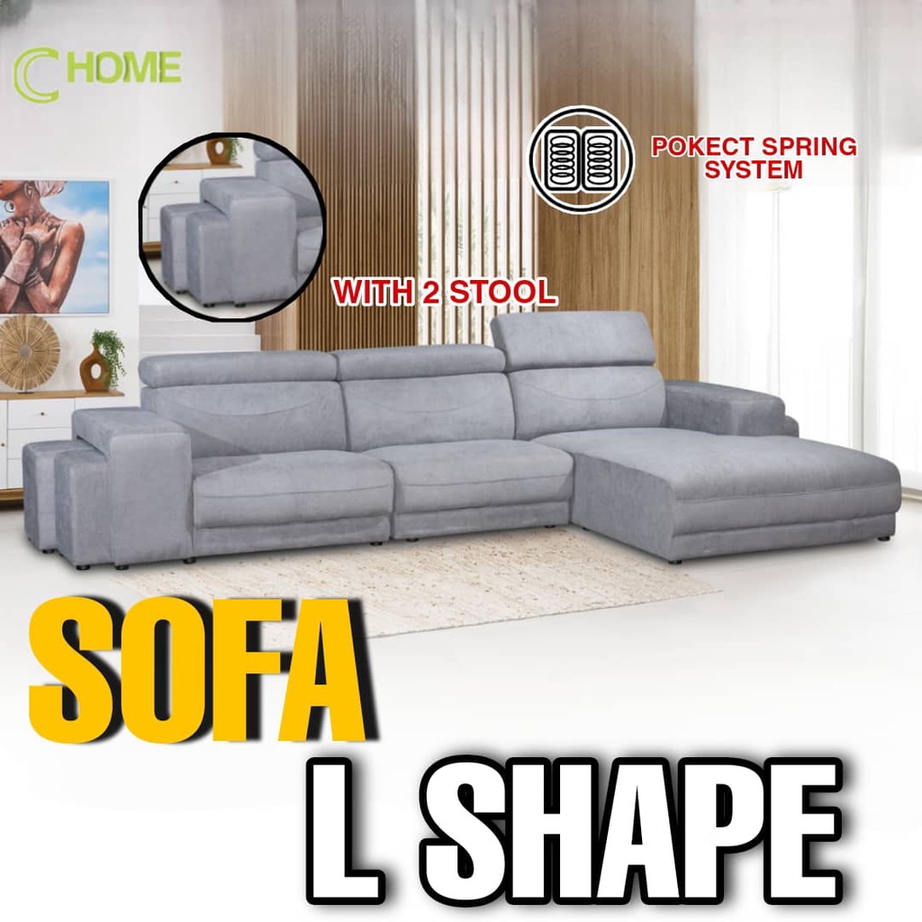 C HOME:-Sofa L Shape Modern Design / Flash Deals with 2 stool velvat material