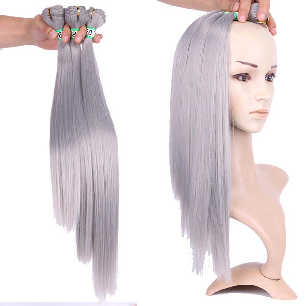 Grandma Ash Straight Synthetic Hair Weave 3 Bundles 16 18 20