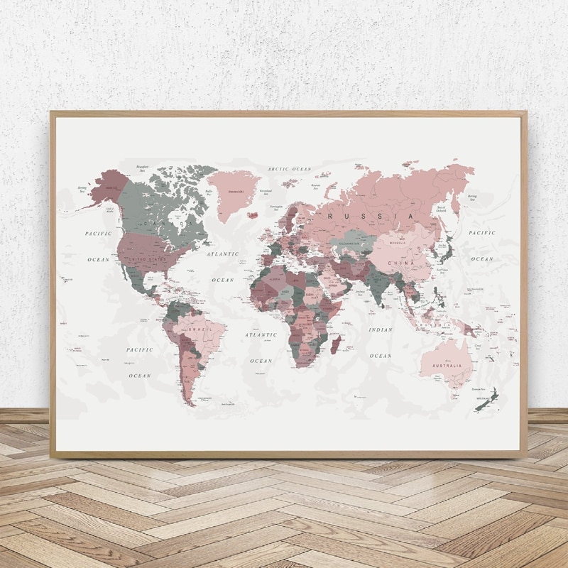 Pink Map Wall Art World Map Canvas Print Blush Pink & Hunter Green Map Of The World Poster  Dorm Decor Modern Wall Art Picture Painting Decoration | Shopee Malaysia