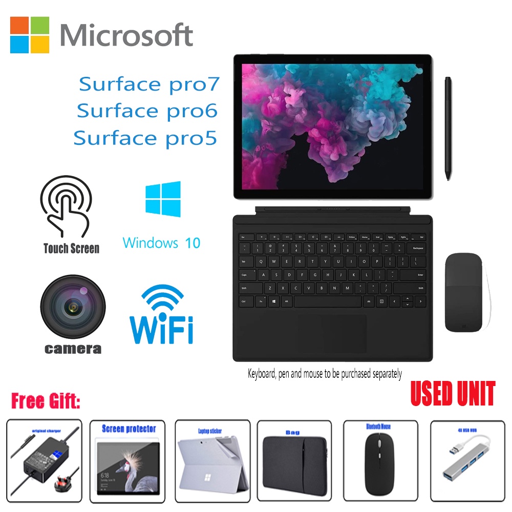 Microsoft Surface Pro 5 Pro6 Pro7 Pro4 Pro3 Laptop tablet 2 in 1 Intel Core M3 7Y30 i5-7th Gen 4GB/8GB/16GB RAM 128GB/256GB/512GB SSD 12.3 Inch Win10 pro