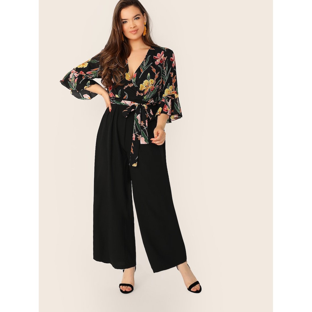 Y411 Uyua Floral Ruffled Sleeve Self Belt Combo Plus Size Jumpsuit Jumpsuit Woman Jumpsuit Plus Size