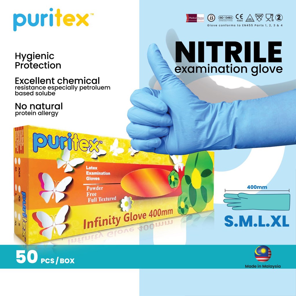 Puritex Nitrile 400mm Powder Free Examination Gloves, Long glove, Elbow