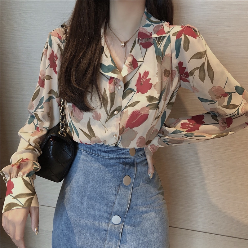  korean  style women ladies loose floral chiffon  long sleeve 