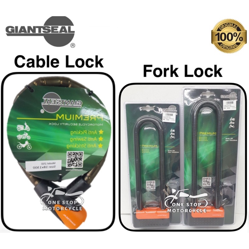 ORIGINAL GIANTSEAL CABLE LOCK / FORK LOCK PREMIUM MOTORCYCLE U LOCK