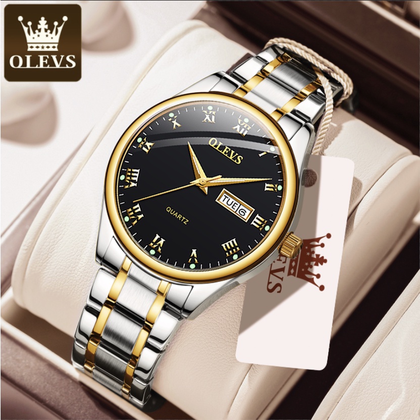 OLEVS Men Watches Date Stainless Steel Jam Tangan Lelaki Original Watch Men's Business Wrist Watch Dual Calendar Water Resistant Quartz Luminous Roman Numerals Executive Casual Watch Man Jam Lelaki Murah Jam Tangan Besi