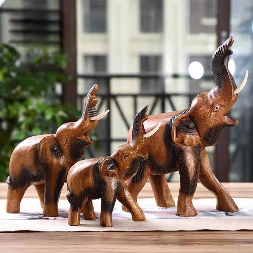 Hand Carved Wooden Elephant Statue Home Feng Shui Decoration Office Desktop Bookshelf Living Room