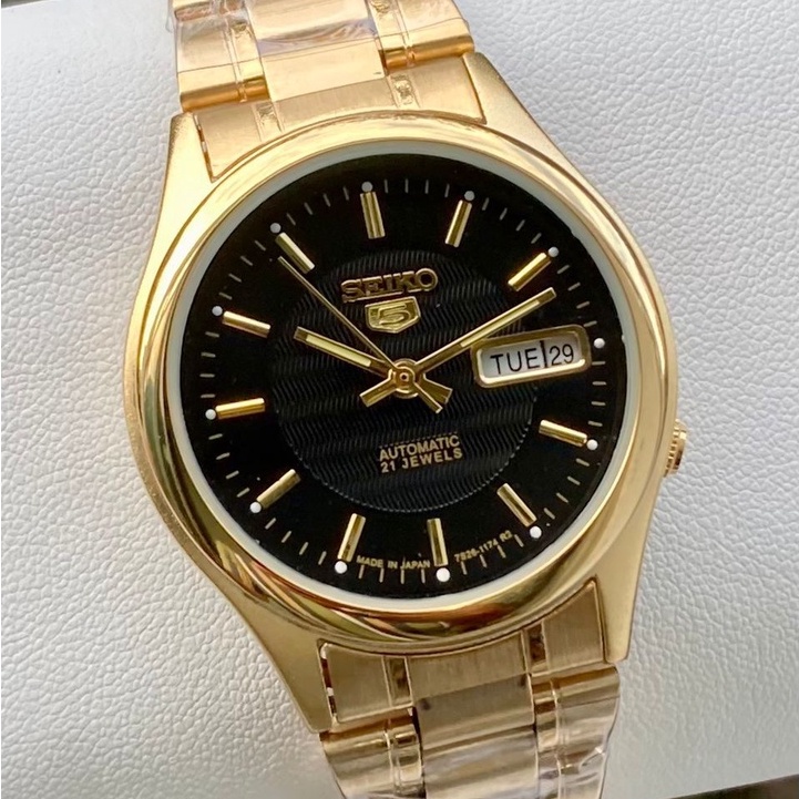 ORIGINAL Seiko 5 Gold Plated Black Dial UNISEX Automatic Watch | Shopee ...