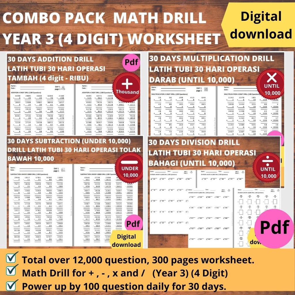 buy combo 4 pack math drill year 3 worksheet addition subtraction multiplication division until 4 digit pdf file seetracker malaysia