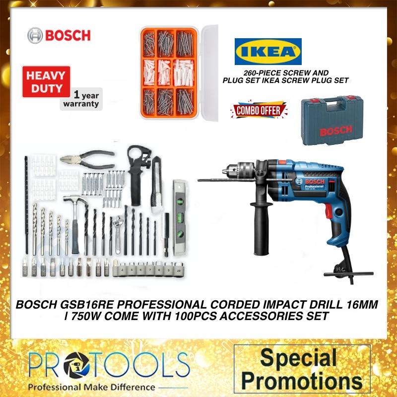 Bosch Gsb16re Original Impact Drill 750w Combo Ikea Screw And Plug Limited Set Shopee Malaysia