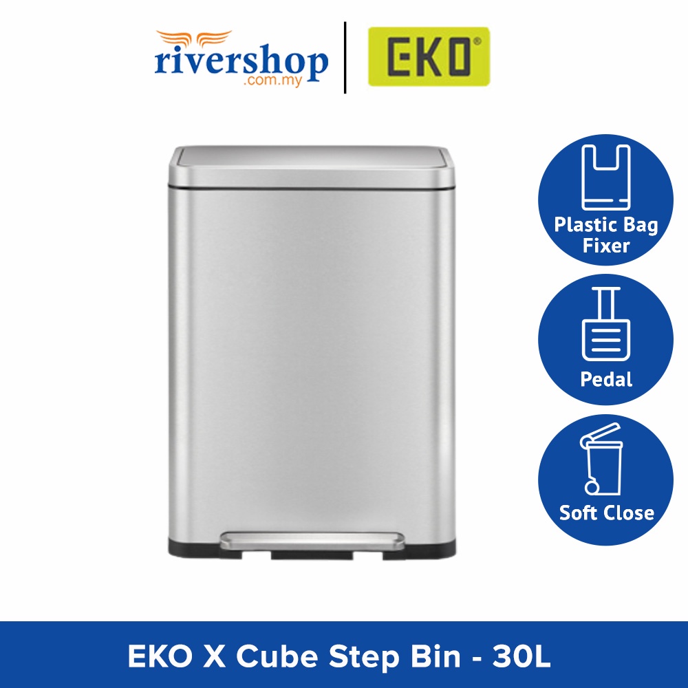 EKO X Cube Step Bin EK9368MT - 30L Stainless Steel Foot Pedal Dustbin Rubbish Bin Trash Can Kitchen Bin Tong Sampah