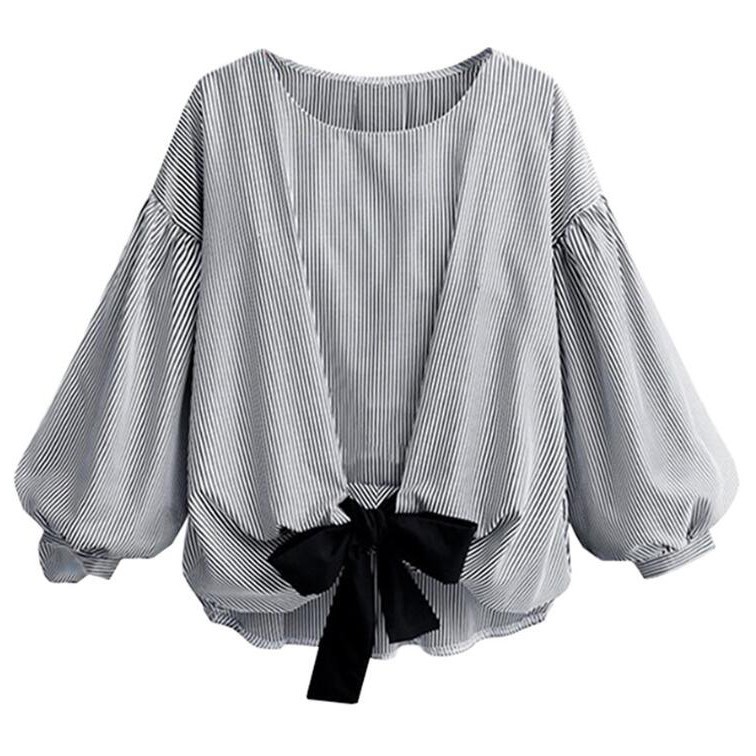 Ready StockWoman tops loose lantern sleeves plus size casual lacing stripe linen blouse womensclothing tops