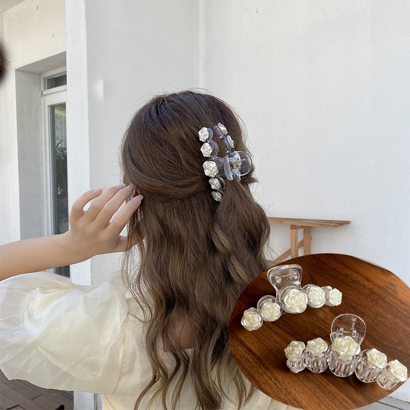White Camellia Hair Clip French Korean Style Temperament Transparent Rose Elegant Coil Hair Clip Fairy Sweet Shark Clip