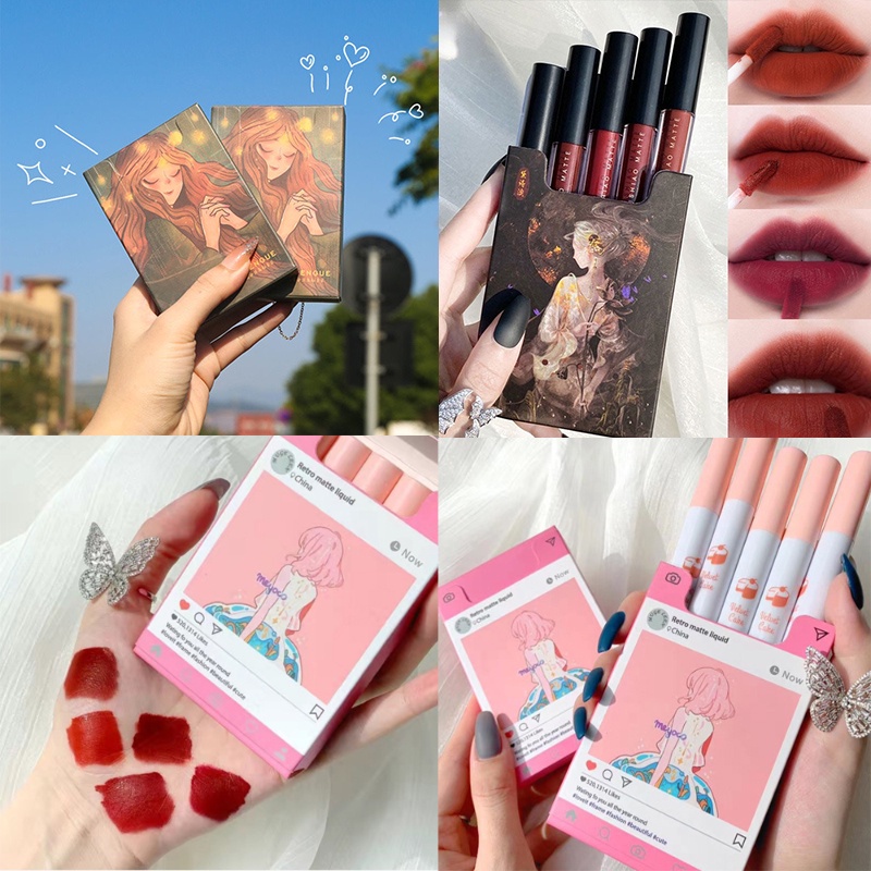 5pcs/Box Matte Velvet Lip Gloss Long Lasting Plum Berry Lip Gloss Waterproof Matte Liquid Lipstick Korean Cosmetics