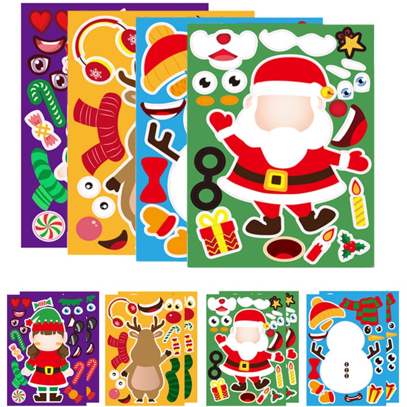 1 Sheet Stickers Puzzle Games Kids DIY Make-a-Face Santa Claus Snowman ...