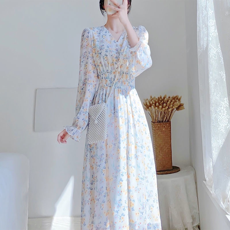 French retro floral chiffon long-sleeved dress new waist long skirt