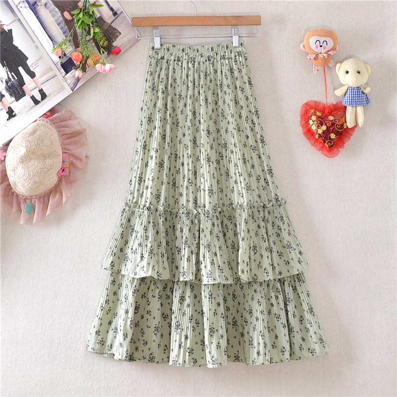 2022 floral pleated skirt High waisted chiffon cake skirt