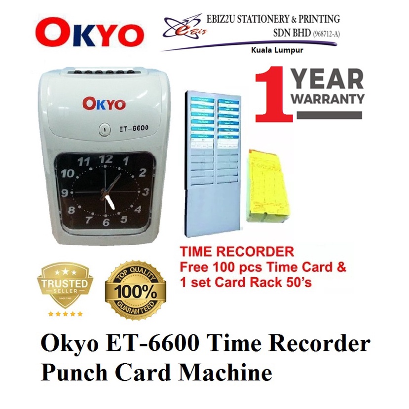 Okyo ET6600 Time Recorder Punch Card Machine Free 100 Cards & Card