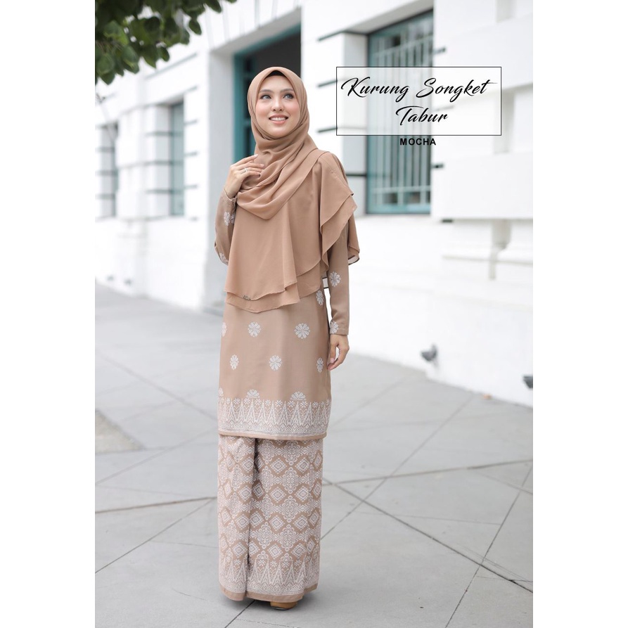 Baju Kurung Moden Kurung Songket Bunga Tabur Khimar Mocha