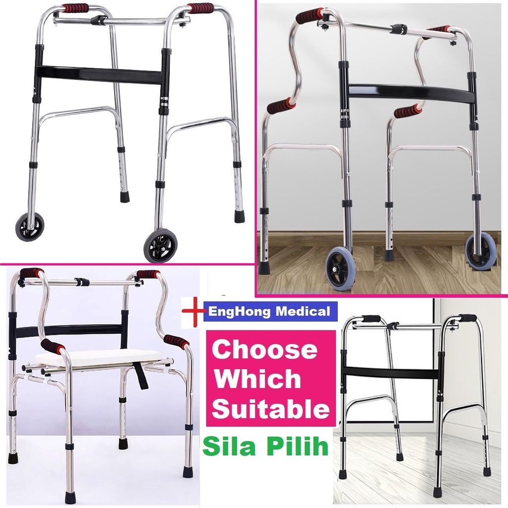 Aluminium Foldable Walking Aid with Wheel, S type Walking Aids, 4legs Walking Aid, Full Support Walking Aid, Tongkat Oku