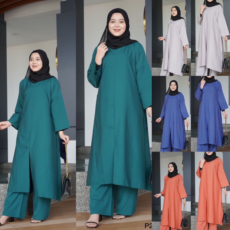 Set P230 Muslimah Kaftan Plain Set Blouse Labuh Dan Seluar Fit to Plussize