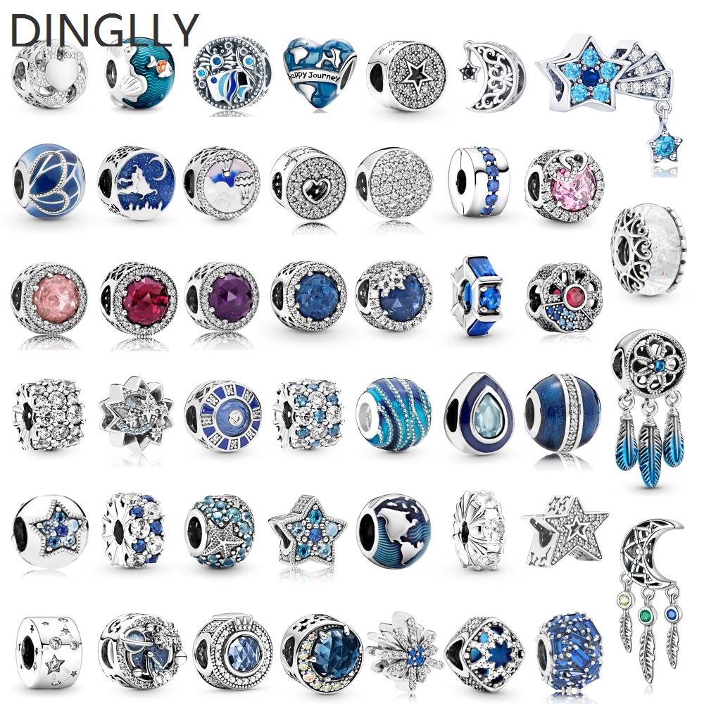 DINGLLY Silver Color Beads Blue Crystal Beaded Sea Star Charm Heart Map Fit DIY Jewelry's Accessories