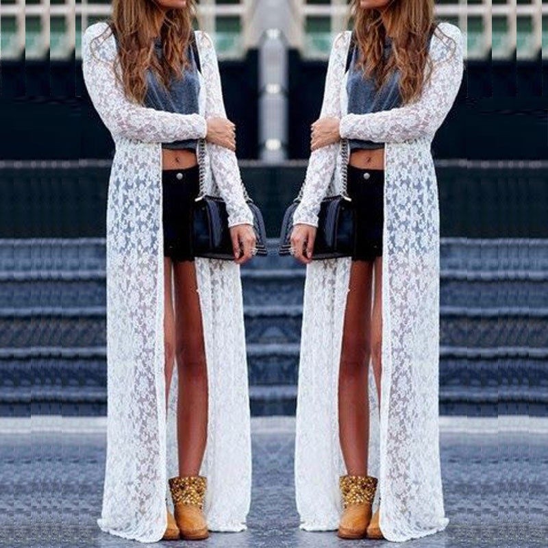 white crochet long cardigan