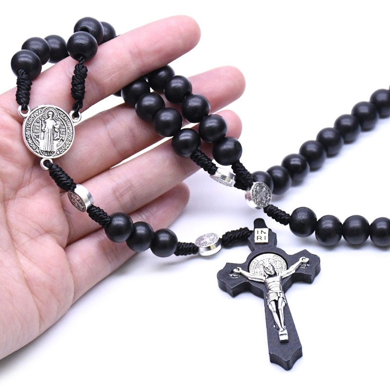 san* Black Wooden Cross Religious Necklace Catholic Rosary Necklace Church Souvenirs