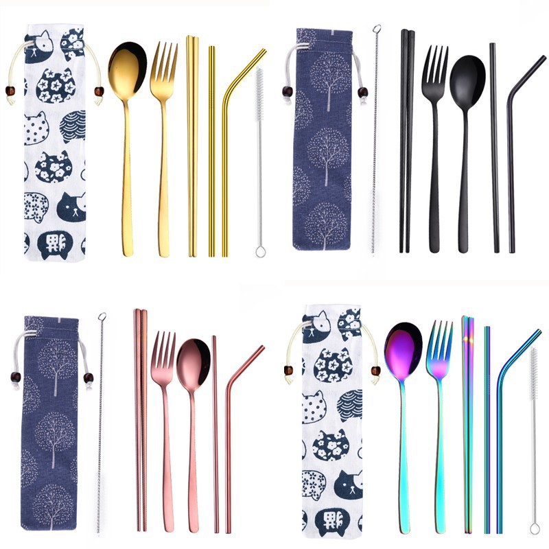 7 pcs set Sendok fork straws Sumpit Stainless Steel 7 pcs set Sendok fork straws Sumpit Stainless Steel