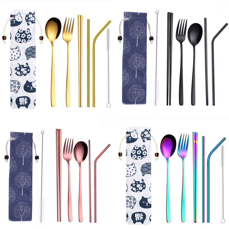 7 pcs set Sendok fork straws Sumpit Stainless Steel 