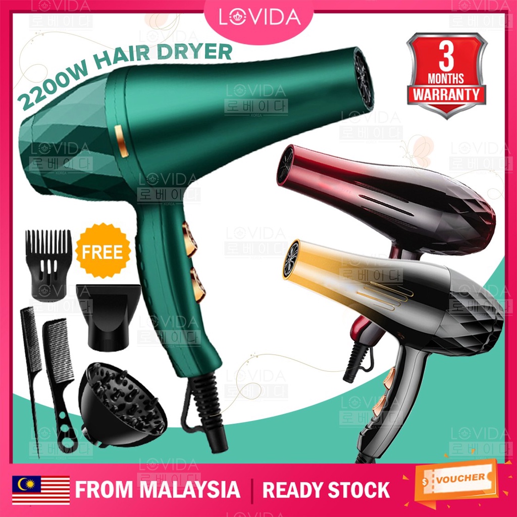 LOVIDA Portable 2200W Travel Hair Dryer Strong Wind Ionic Senang Dibawa Berkuasa Pengering Rambut dgn Aksesori