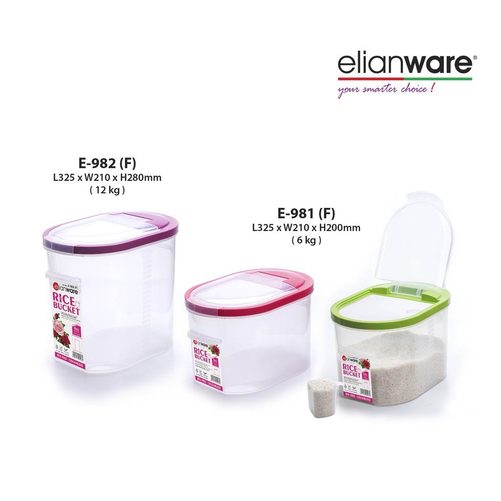 Elianware E-981(F) 5kg / E-982(F) 10kg BPA-Free Plastic Rice Bucket Container Storage Box Dispenser With Measuring Cup