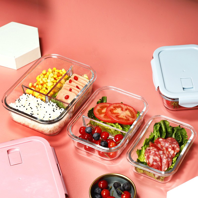 Heatresistant glass crisper, lunch box with rice compartment, set