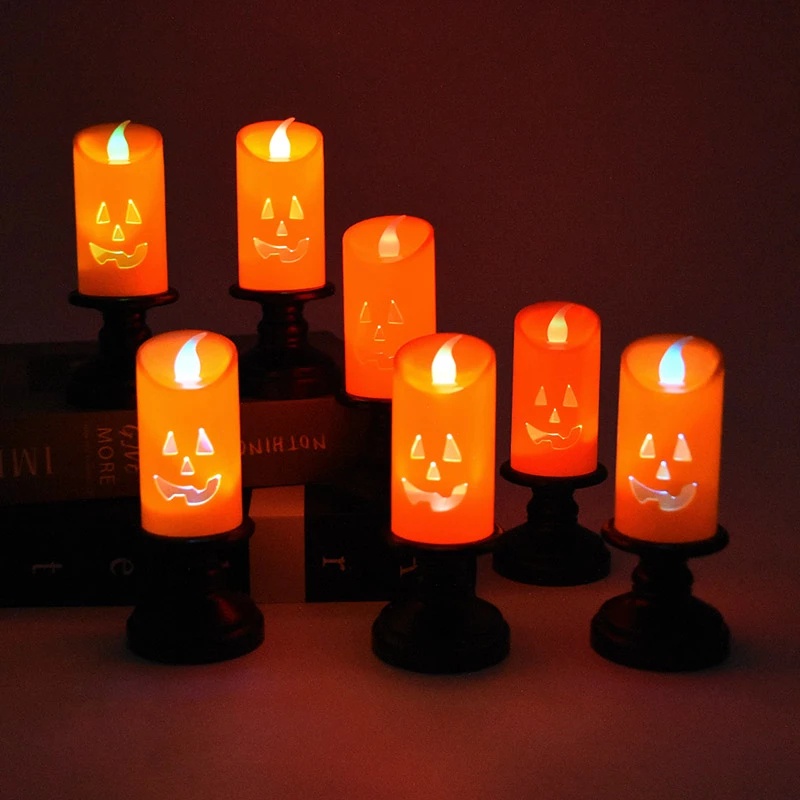 Halloween 3D Pumpkin Ghost Skull Flameless Realistic LED Candles Light Candlestick Lamp Party Horror Props Battery Operated Home Decoration