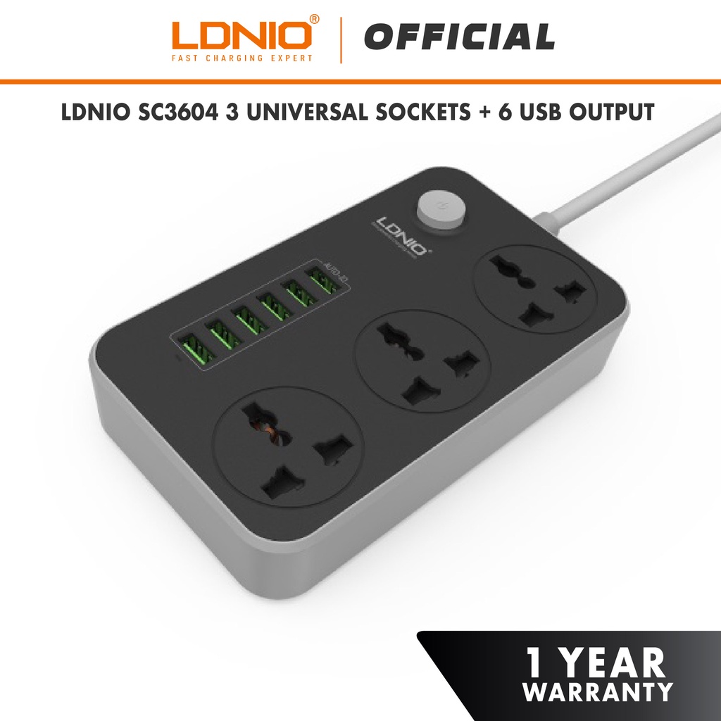 LDNIO SC3604 Power Strip 3 Universal Socket with 6 USB Output (3.4A/2m)
