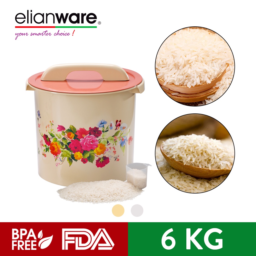 Elianware Flower Series [ 6kg/12kg ] Rice Dispenser Rice Bucket Bekas Beras with Measurement Cup