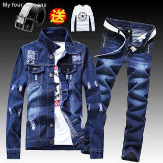 Lelaki jaket denim❃﹍☃2019 spring and autumn new ripped slim-fit denim jacket men s trendy Korean version of the handsome a set<