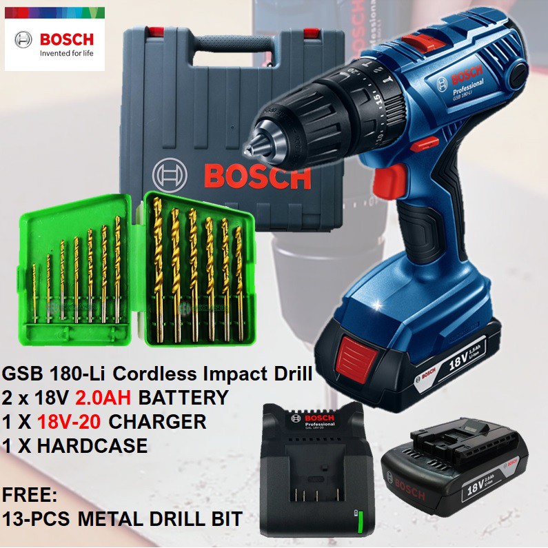 BOSCH GSB 180-LI Cordless Impact Drill With 2 x 2.0ah Battery & 1 x Charger Shopee Malaysia