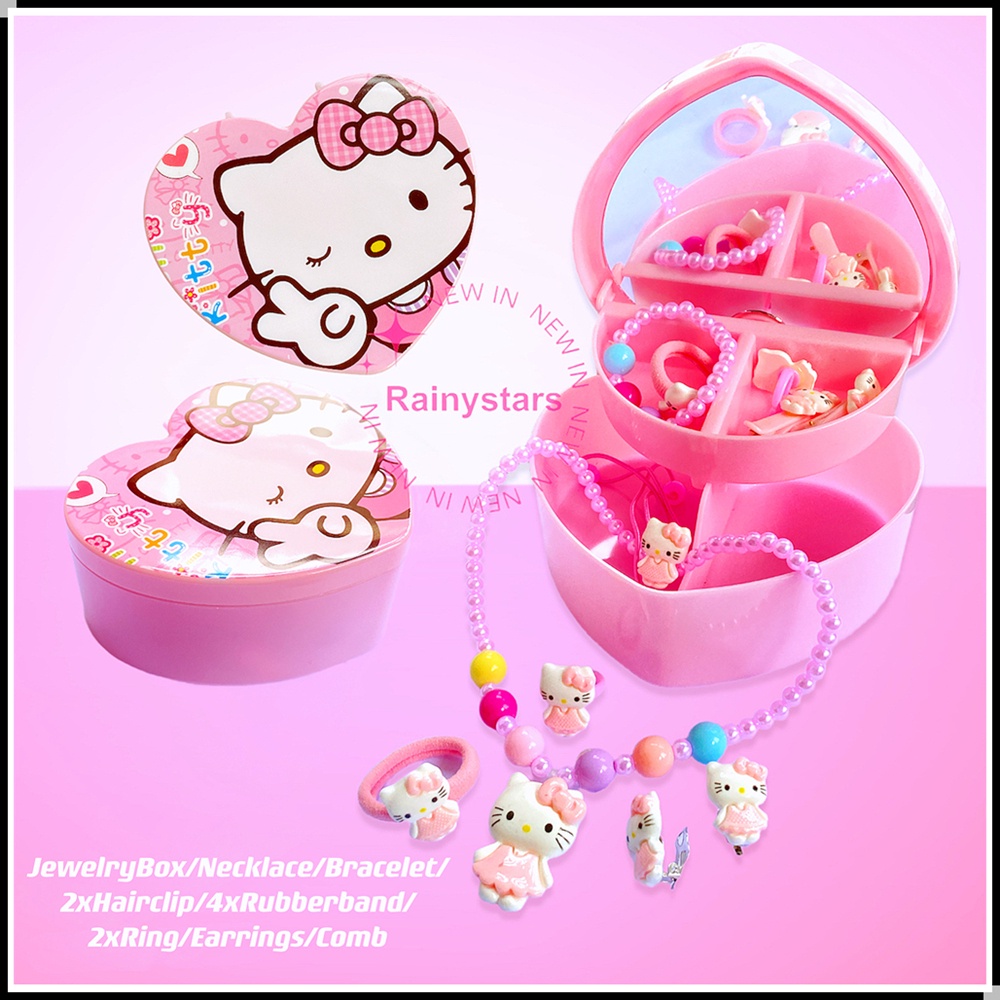 Rainystars Hello Kitty Kid Jewelry Box Pony Ring Sofia Necklace Minnie Cincin Frozen Rantai Leher Princess Budak 卡通首饰盒