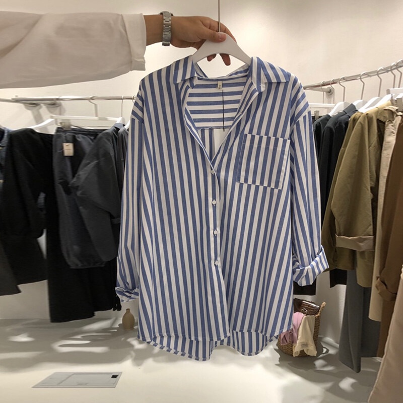 【Add red and black】（Cotton）Korean Style Loose Stripe Cotton Shirt Women Long Sleeve oversized Casual Blouse Gilrs Top